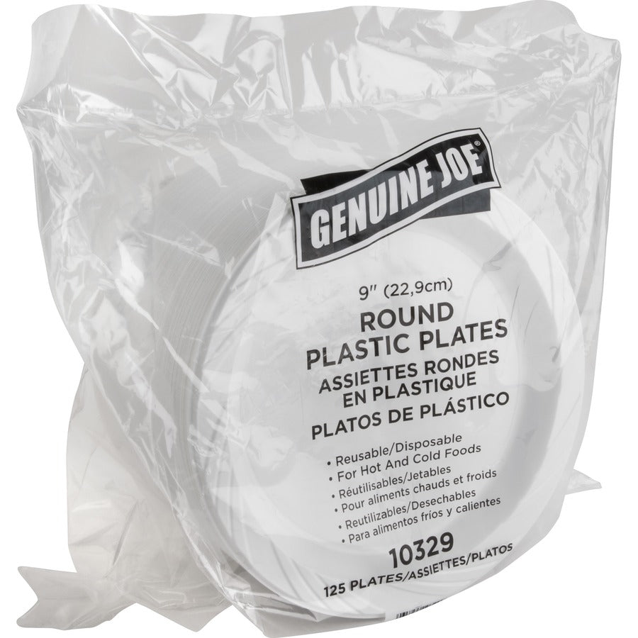 Genuine Joe 9" Reusable Plastic Plates - 125 / Pack - Serving - Disposable - White - Plastic Body - 4 / Carton
