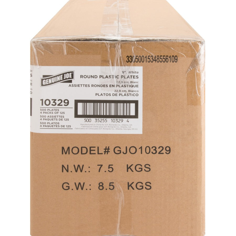 Genuine Joe 9" Reusable Plastic Plates - 125 / Pack - Serving - Disposable - White - Plastic Body - 4 / Carton