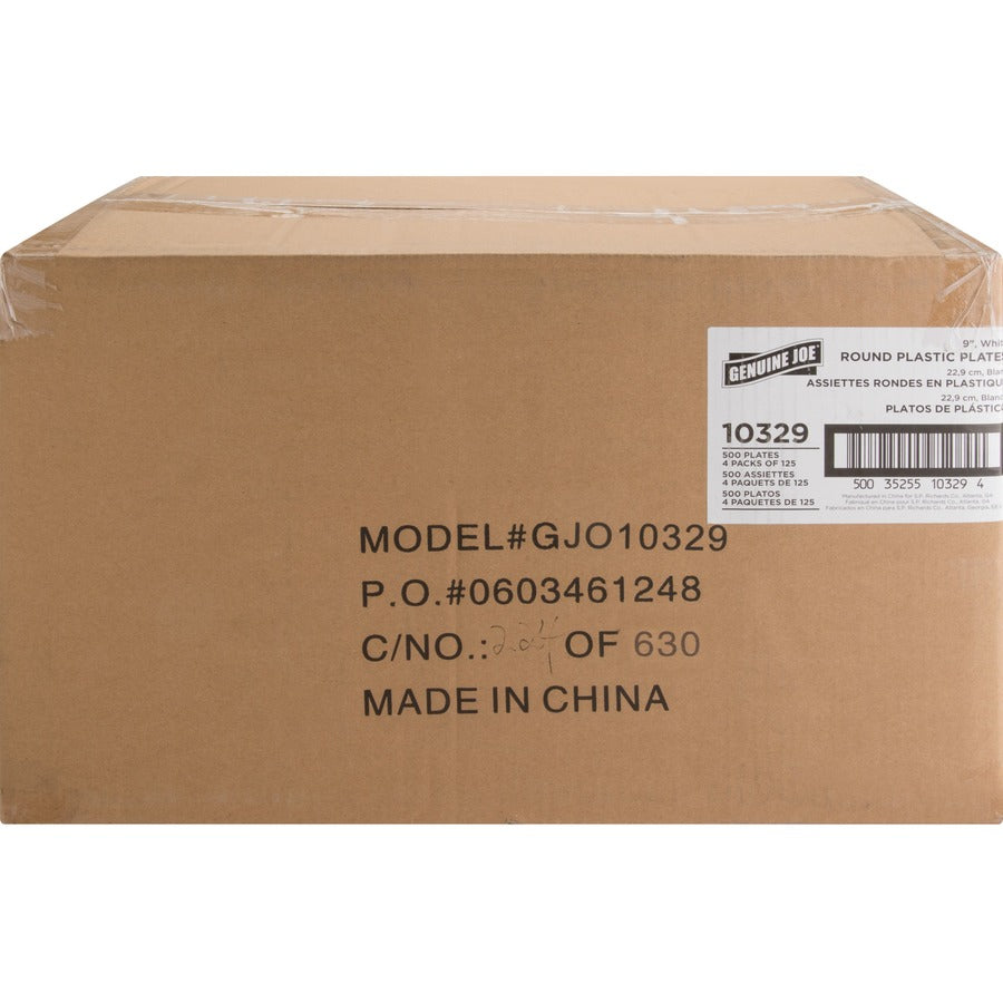 Genuine Joe 9" Reusable Plastic Plates - 125 / Pack - Serving - Disposable - White - Plastic Body - 4 / Carton