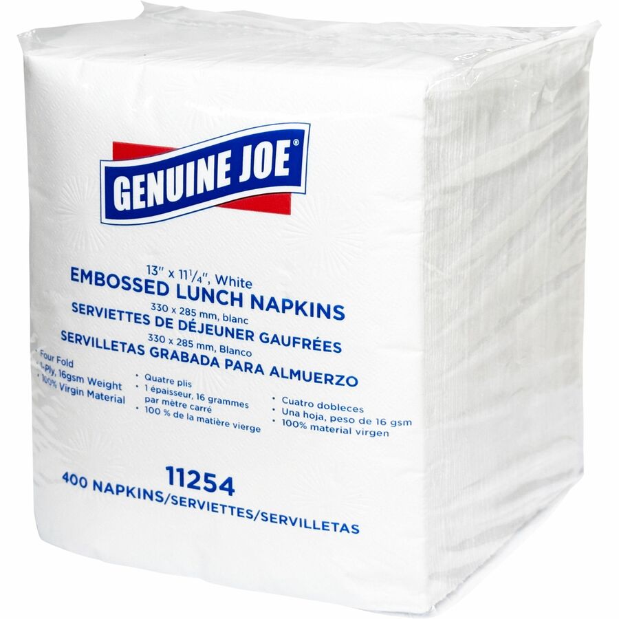 Genuine Joe Lunch Napkins - 1 Ply - Quarter-fold - 13" x 11.25" - White - Embossed, Soft, Versatile - For Lunch - 400 Per Pack - 6 / Carton