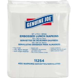 Genuine Joe Lunch Napkins - 1 Ply - Quarter-fold - 13" x 11.25" - White - Embossed, Soft, Versatile - For Lunch - 400 Per Pack - 6 / Carton
