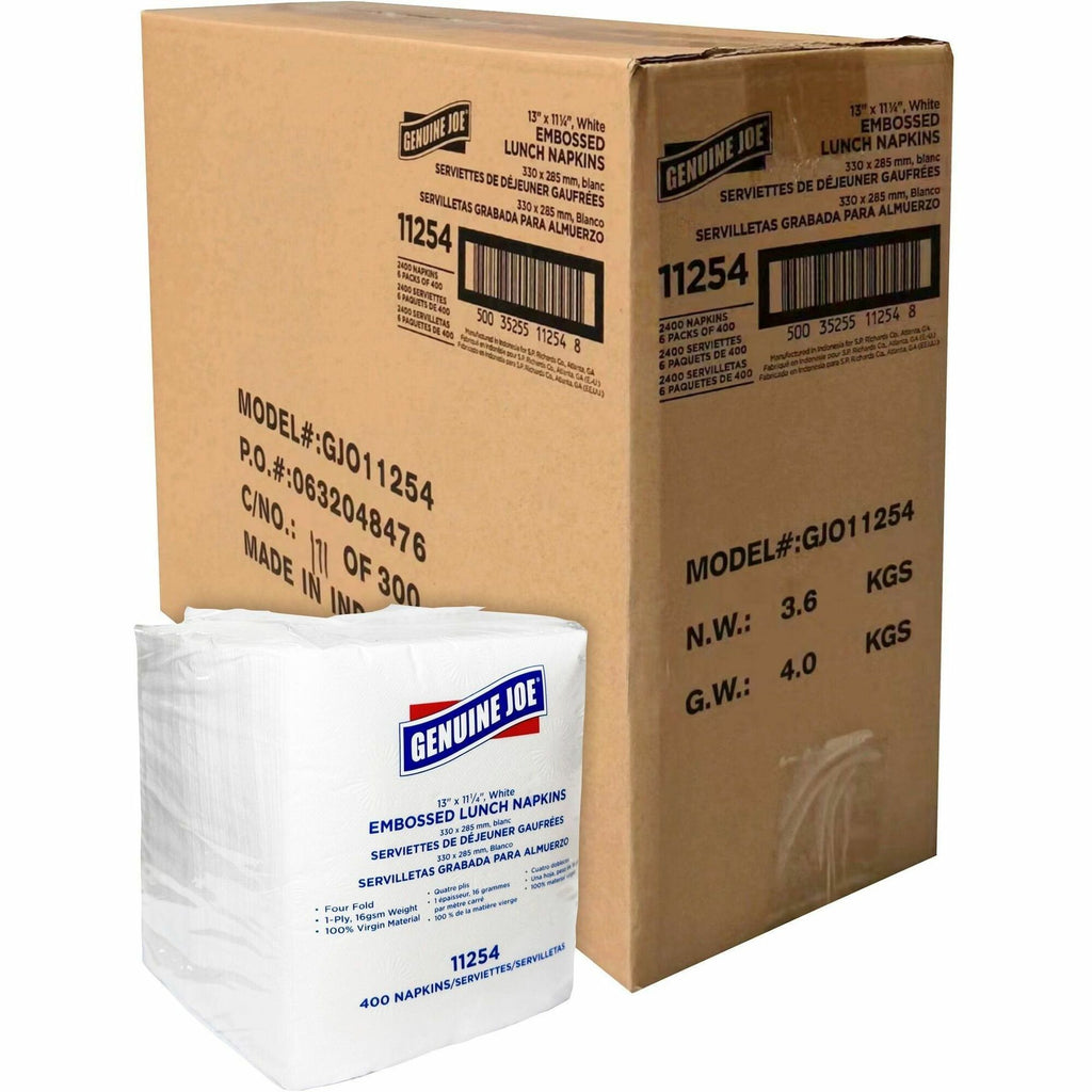 Genuine Joe Lunch Napkins - 1 Ply - Quarter-fold - 13" x 11.25" - White - Embossed, Soft, Versatile - For Lunch - 400 Per Pack - 6 / Carton