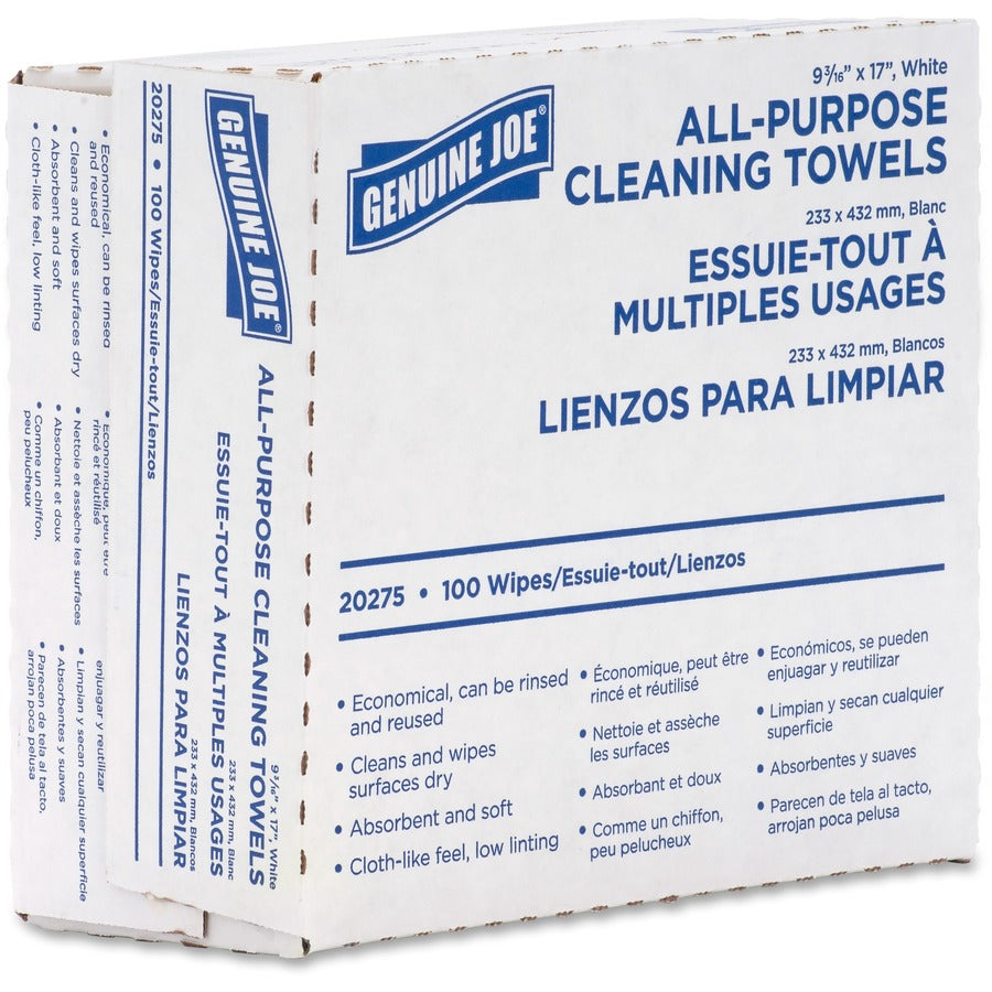 Genuine Joe All-Purpose Cleaning Towels - 16.50" x 9.50" - White - Fabric - Soft, Reusable, Absorbent, Medium Duty - For Multipurpose - 100 Per Box - 10 / Carton