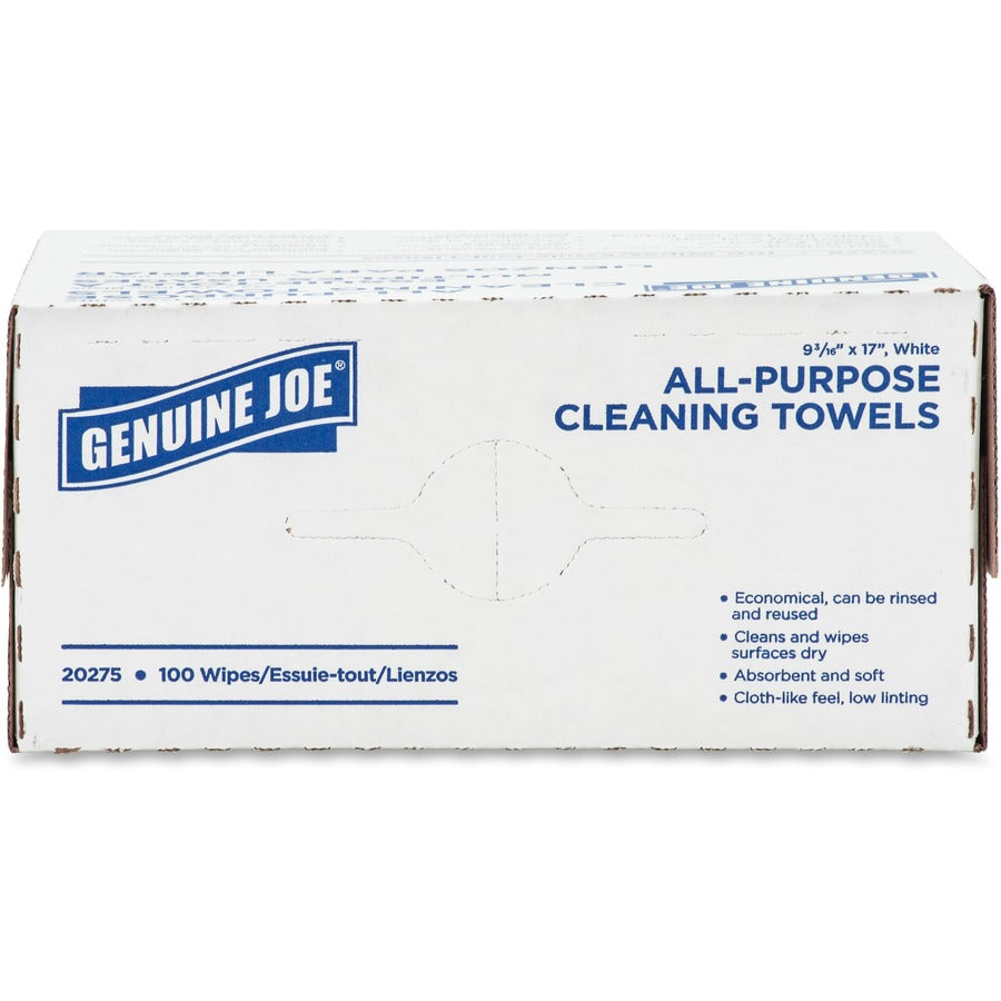 Genuine Joe All-Purpose Cleaning Towels - 16.50" x 9.50" - White - Fabric - Soft, Reusable, Absorbent, Medium Duty - For Multipurpose - 100 Per Box - 10 / Carton