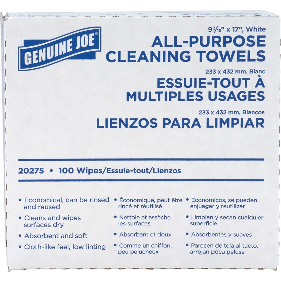 Genuine Joe All-Purpose Cleaning Towels - 16.50" x 9.50" - White - Fabric - Soft, Reusable, Absorbent, Medium Duty - For Multipurpose - 100 Per Box - 10 / Carton