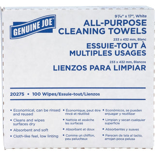Genuine Joe All-Purpose Cleaning Towels - 16.50" x 9.50" - White - Fabric - Soft, Reusable, Absorbent, Medium Duty - For Multipurpose - 100 Per Box - 10 / Carton