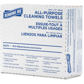 Genuine Joe All-Purpose Cleaning Towels - 16.50" x 9.50" - White - Fabric - Soft, Reusable, Absorbent, Medium Duty - For Multipurpose - 100 Per Box - 10 / Carton
