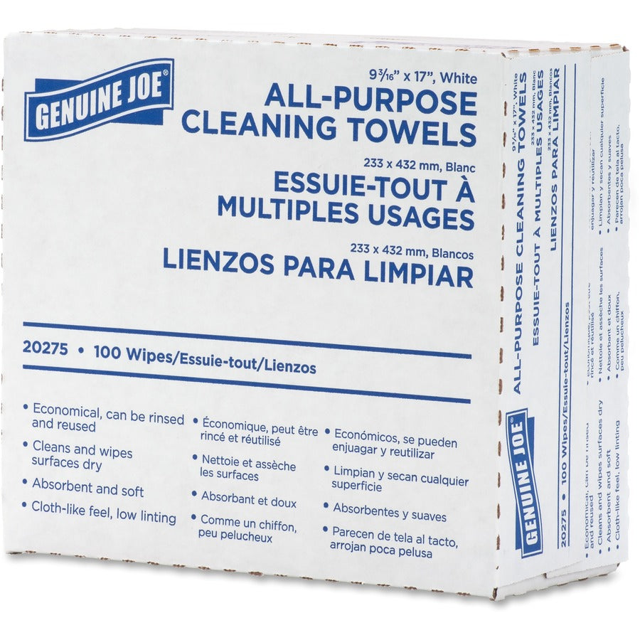 Genuine Joe All-Purpose Cleaning Towels - 16.50" x 9.50" - White - Fabric - Soft, Reusable, Absorbent, Medium Duty - For Multipurpose - 100 Per Box - 10 / Carton