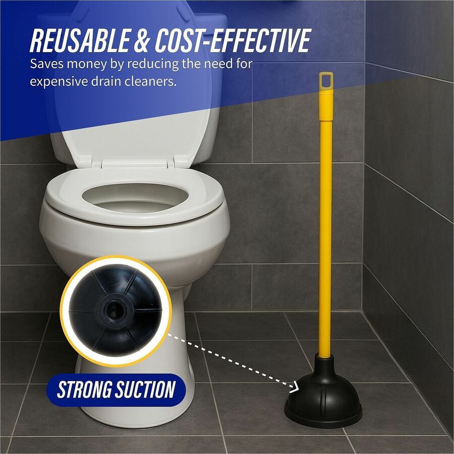 Genuine Joe Value Plus Plunger - 5.75" Cup Diameter - 23" Length - Yellow - Drain, Toilet, Pipe