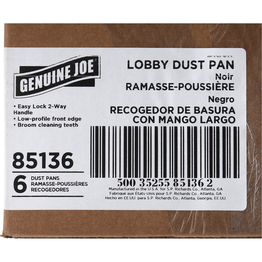Genuine Joe Lobby Dust Pan - 12" Wide - 30" Handle - Plastic - Black - 6 / Carton