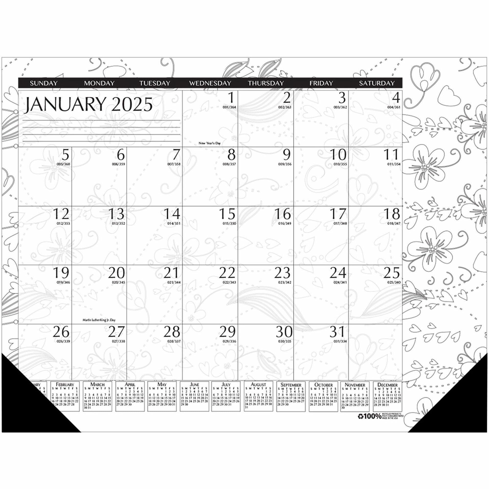 House of Doolittle Doodle Monthly Desk Pad - Julian Dates - Monthly - 12 Month - January 2024 - December 2024 - 1 Month Single Page Layout - Desk Pad - Black/White - Paper - 13" Height x 18.5" Width - Notes Area, Reference Calendar - 1 Each - 1