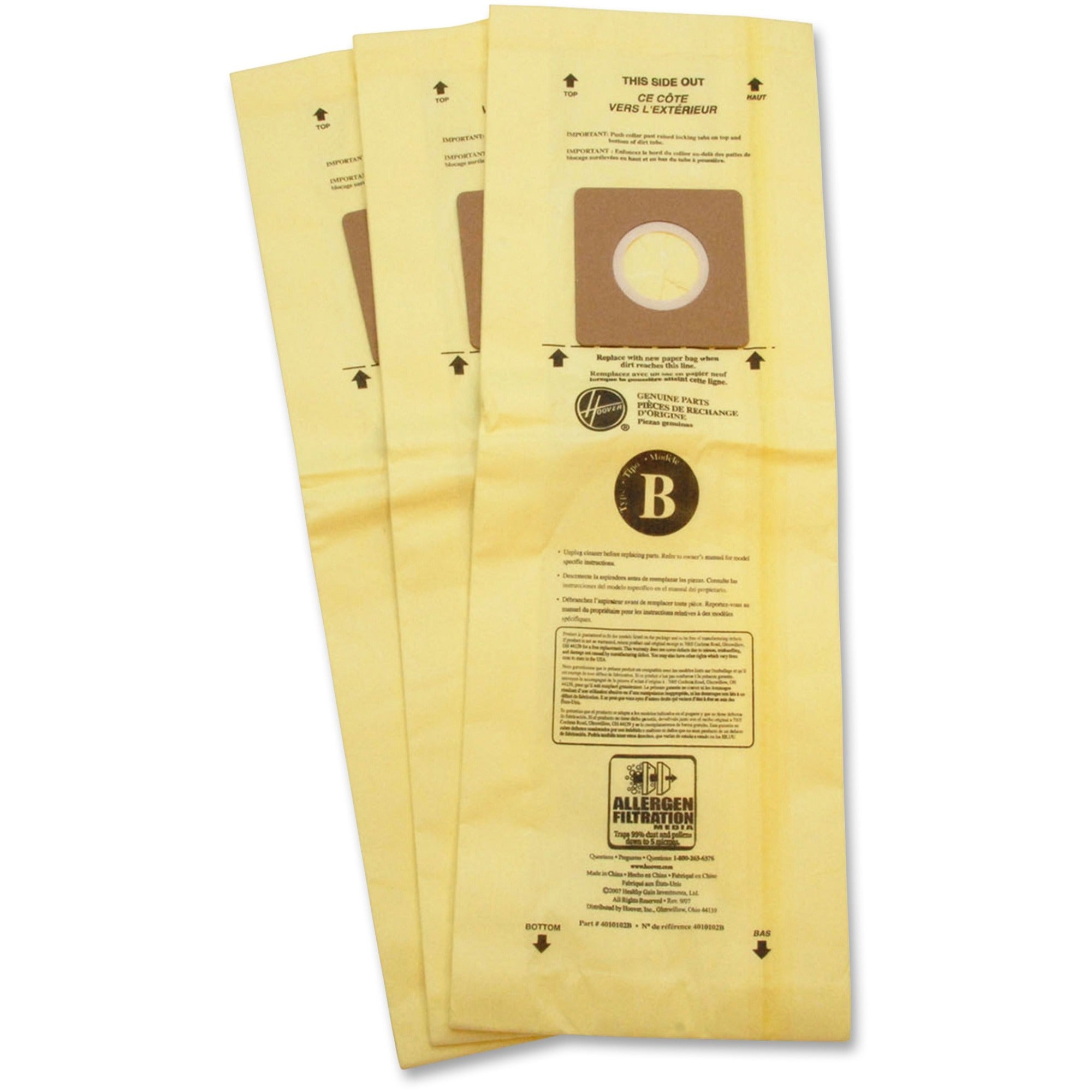 Hoover TaskVac Type-B Allergen Bags - 3 / Pack - Type B - White - 