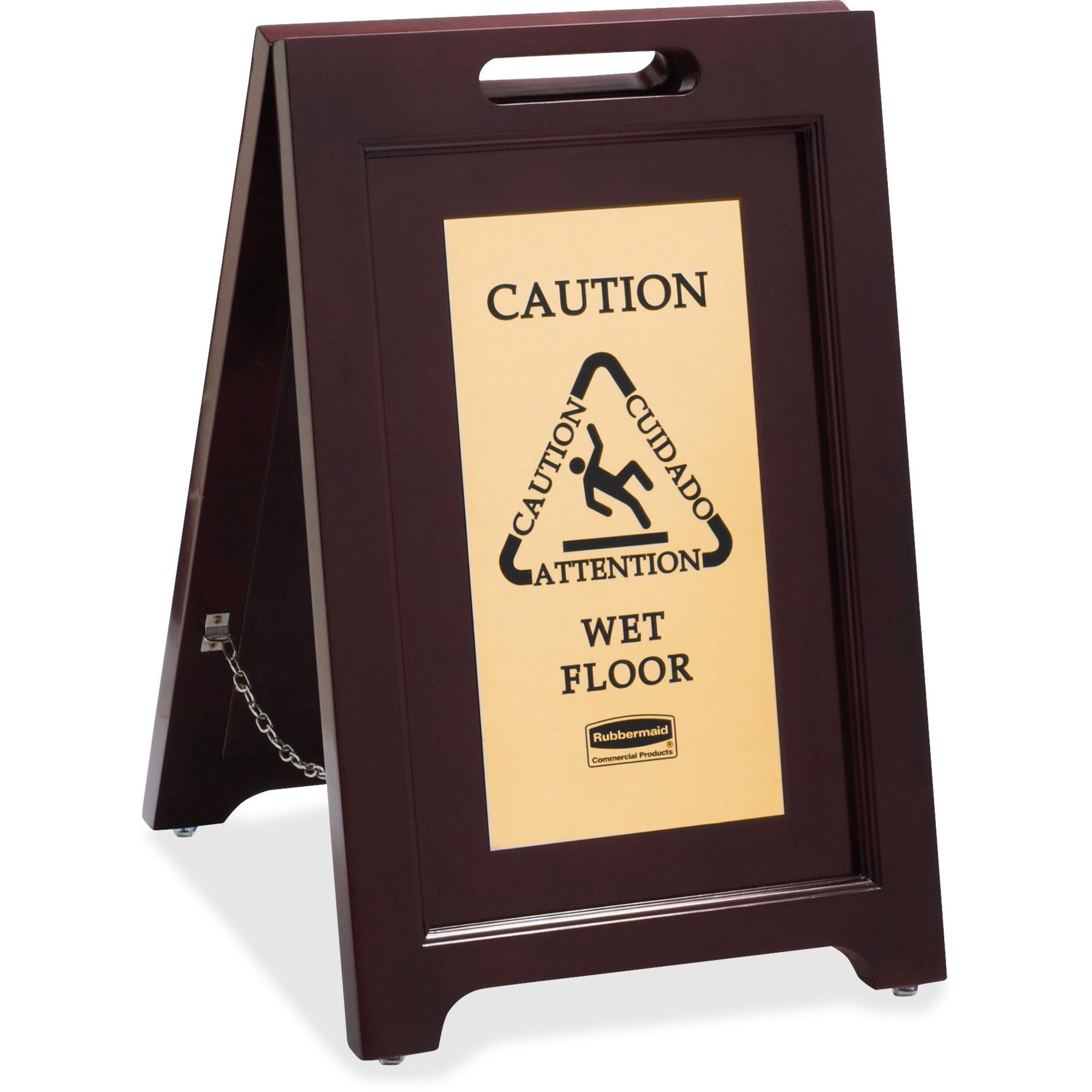 Rubbermaid Commercial Brass Plaque Wooden Caution Sign - 1 Each - Caution, Attention, Cuidado, Wet Floor Print/Message - 15" Width x 23.5" Height x 16.2" Depth - Rectangular Shape - Black Print/Message Color - Double Sided - Durable, Carry Handle, Mu