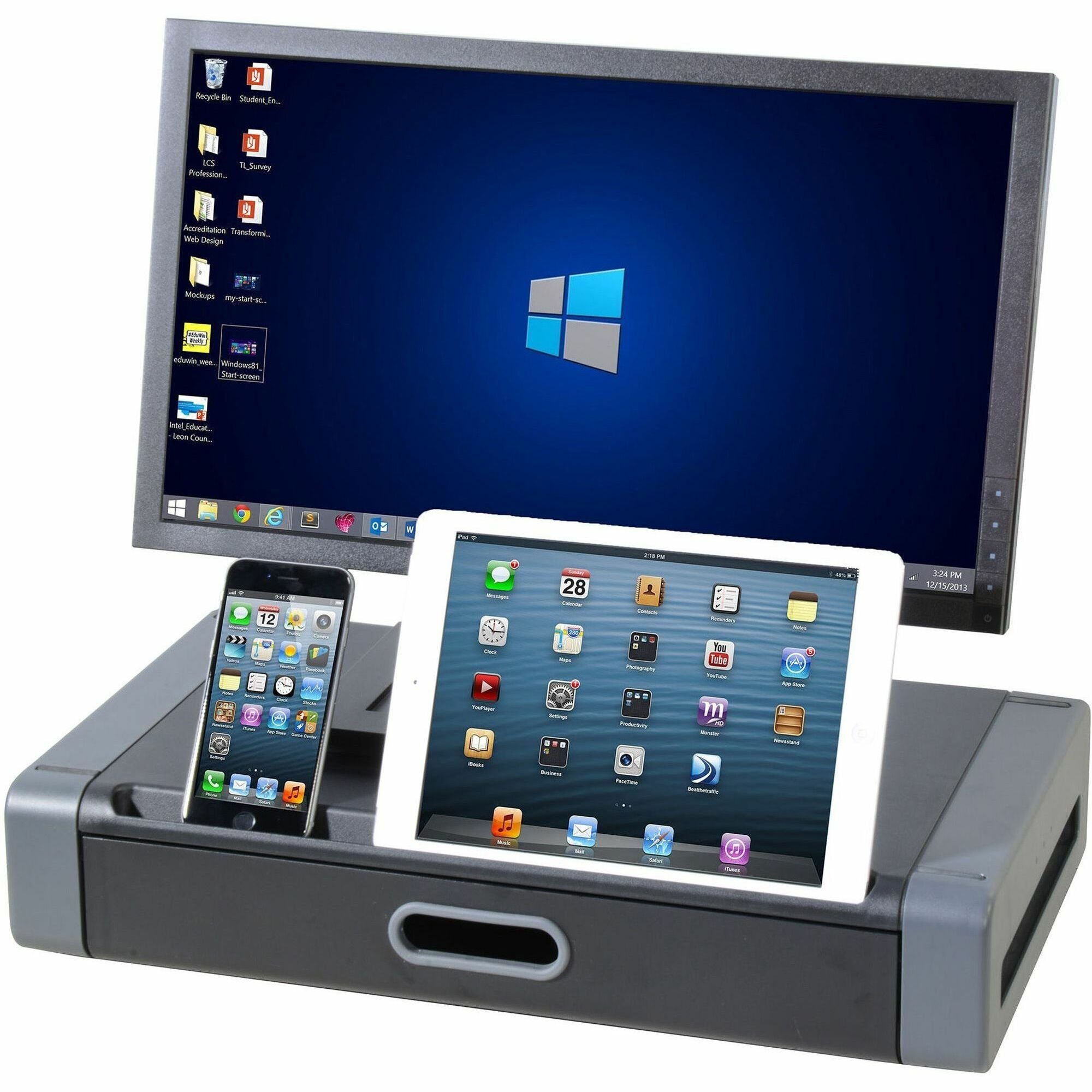 Monitor Riser, 19" x 11" x 4", Black/Gray, Supports 20 lbs
