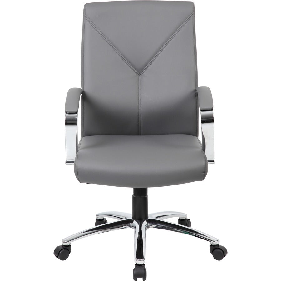 Boss B10101 Executive Chair - Gray LeatherPlus Seat - Gray Leather, Polyurethane Back - Chrome, Black Chrome Frame - 5-star Base - 1 Each