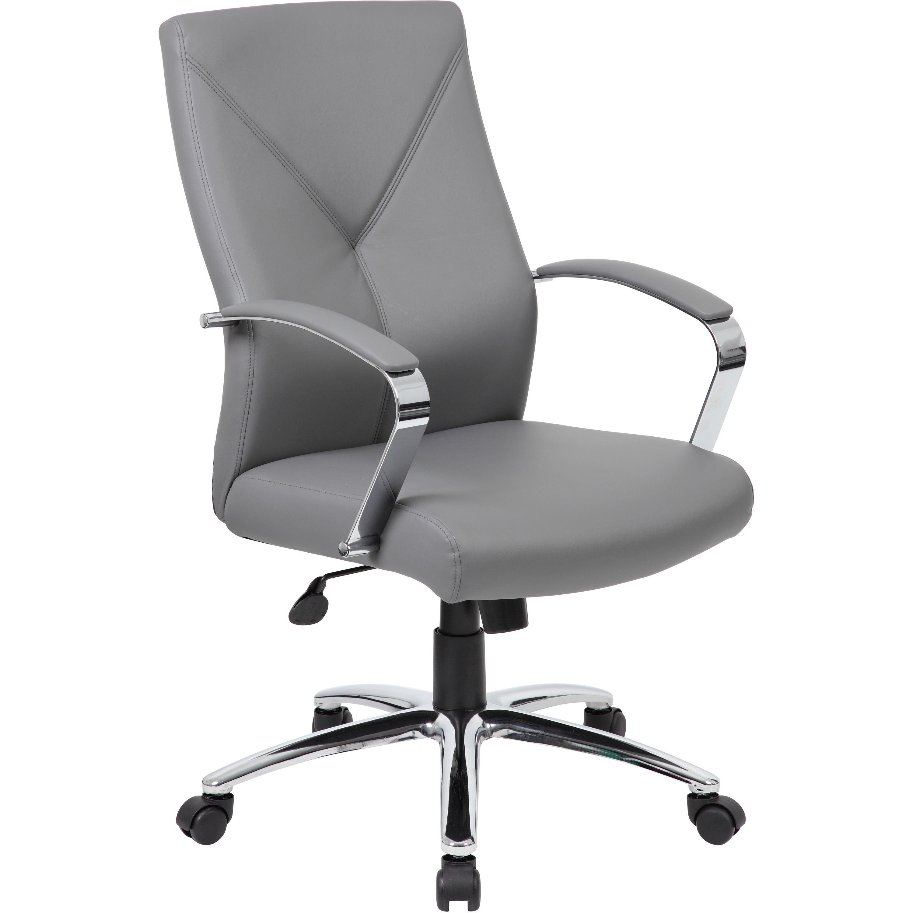 Boss B10101 Executive Chair - Gray LeatherPlus Seat - Gray Leather, Polyurethane Back - Chrome, Black Chrome Frame - 5-star Base - 1 Each - 1