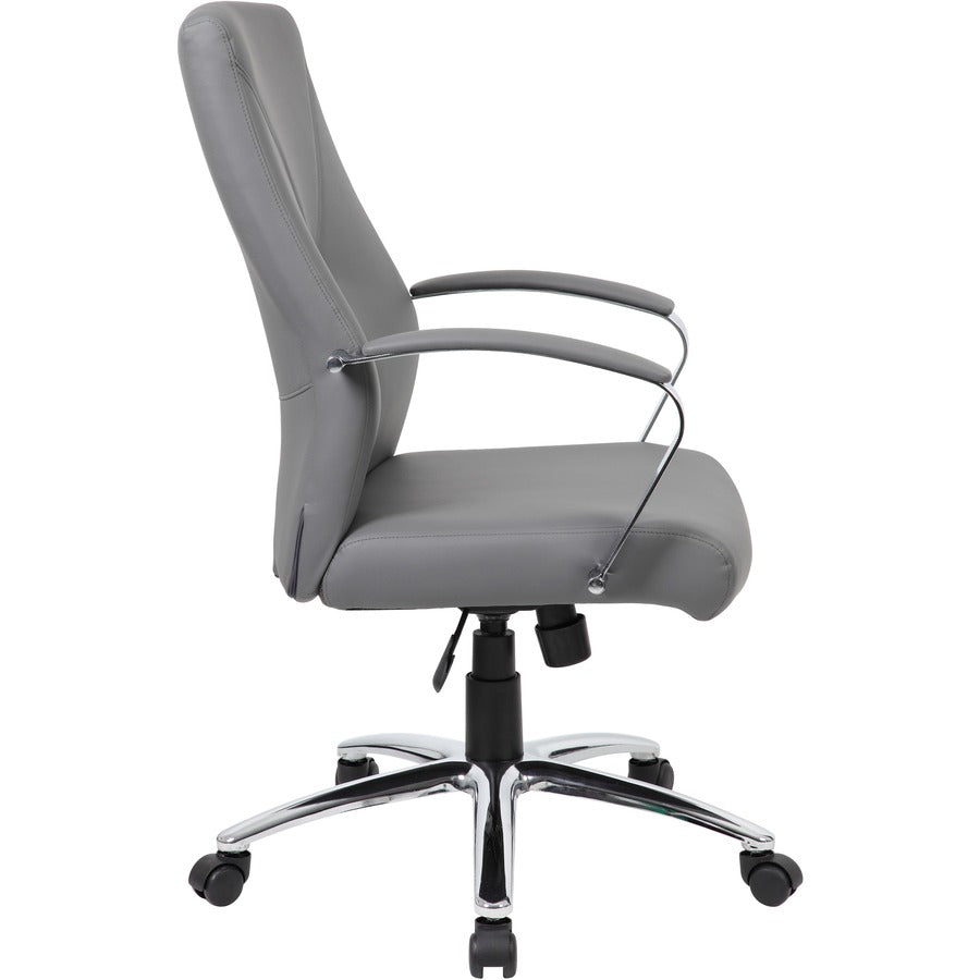 Boss B10101 Executive Chair - Gray LeatherPlus Seat - Gray Leather, Polyurethane Back - Chrome, Black Chrome Frame - 5-star Base - 1 Each