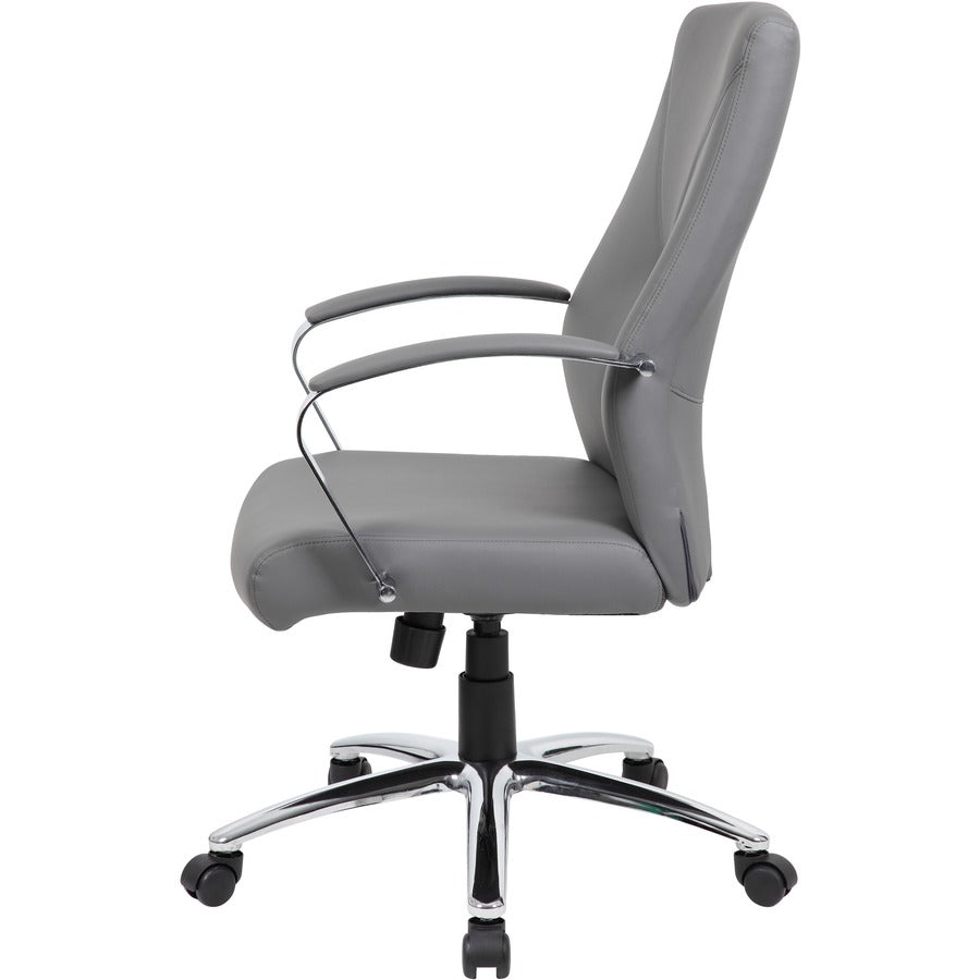 Boss B10101 Executive Chair - Gray LeatherPlus Seat - Gray Leather, Polyurethane Back - Chrome, Black Chrome Frame - 5-star Base - 1 Each