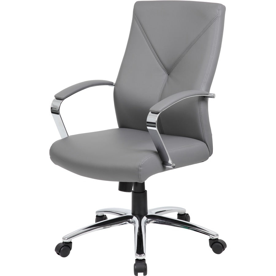 Boss B10101 Executive Chair - Gray LeatherPlus Seat - Gray Leather, Polyurethane Back - Chrome, Black Chrome Frame - 5-star Base - 1 Each - 8