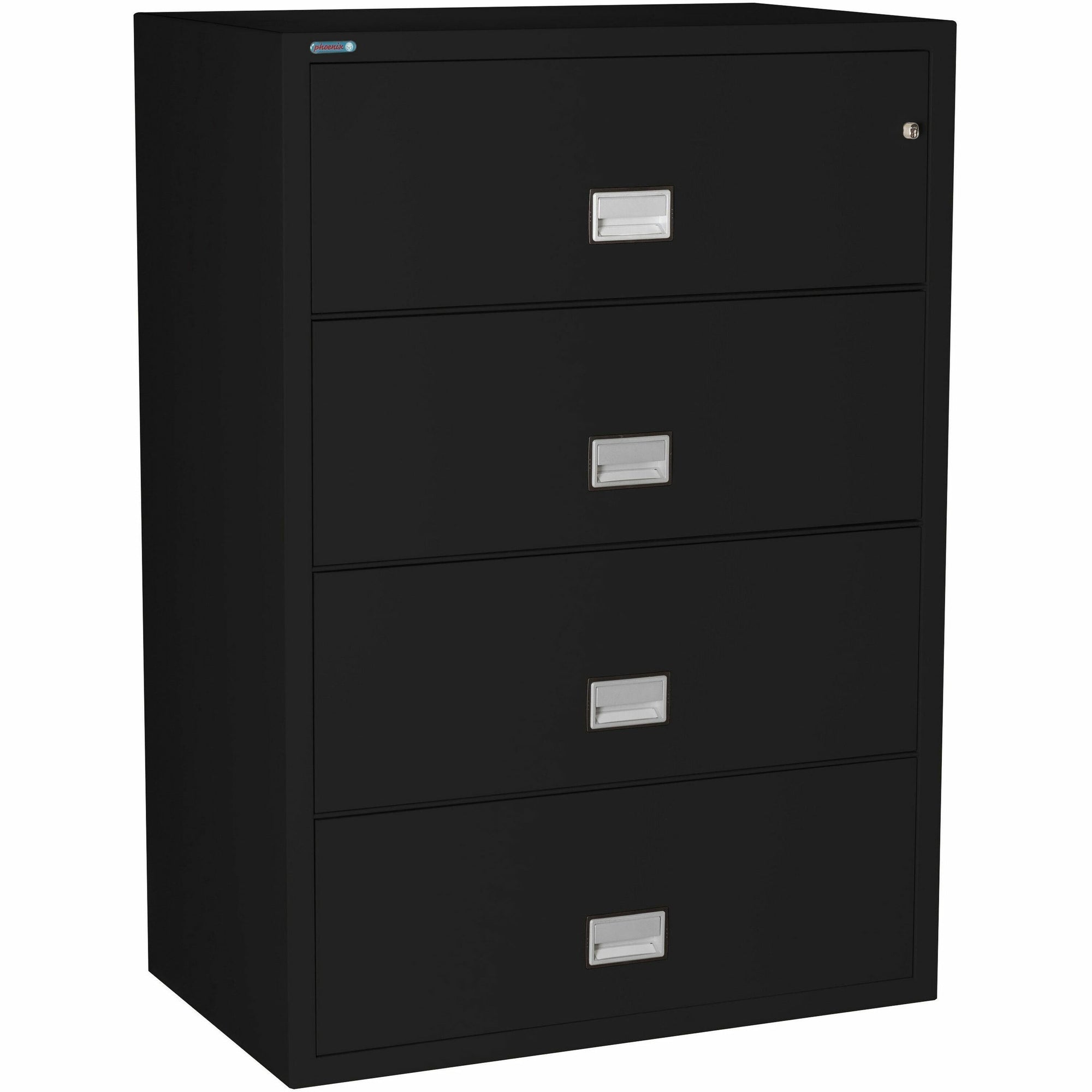 Phoenix World Class Lateral File - 4-Drawer - 38.9" x 23.6" x 54.7" - 4 x Drawer(s) for File - Lateral - Fire Resistant, Explosion Resistant, Impact Resistant, Security Lock - Black