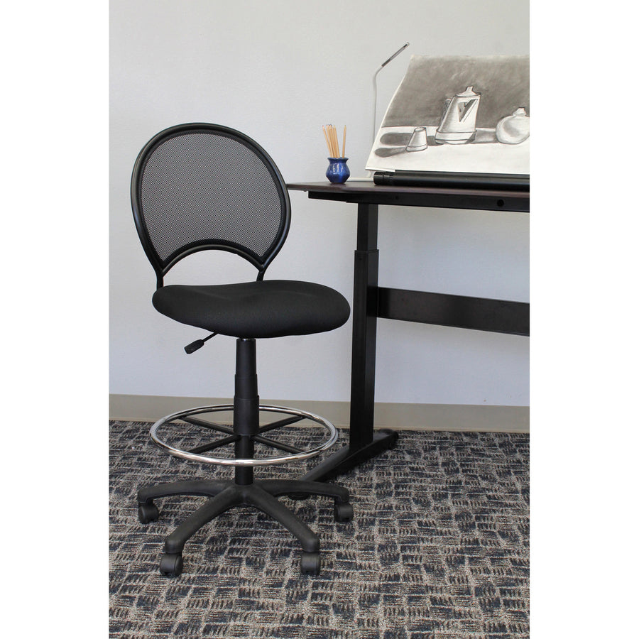 Boss B16215 Drafting Chair - Black Mesh Seat - Black Ballistic Nylon, Metal Back - Black, Chrome Nylon Frame - 5-star Base - 1 Each - 5