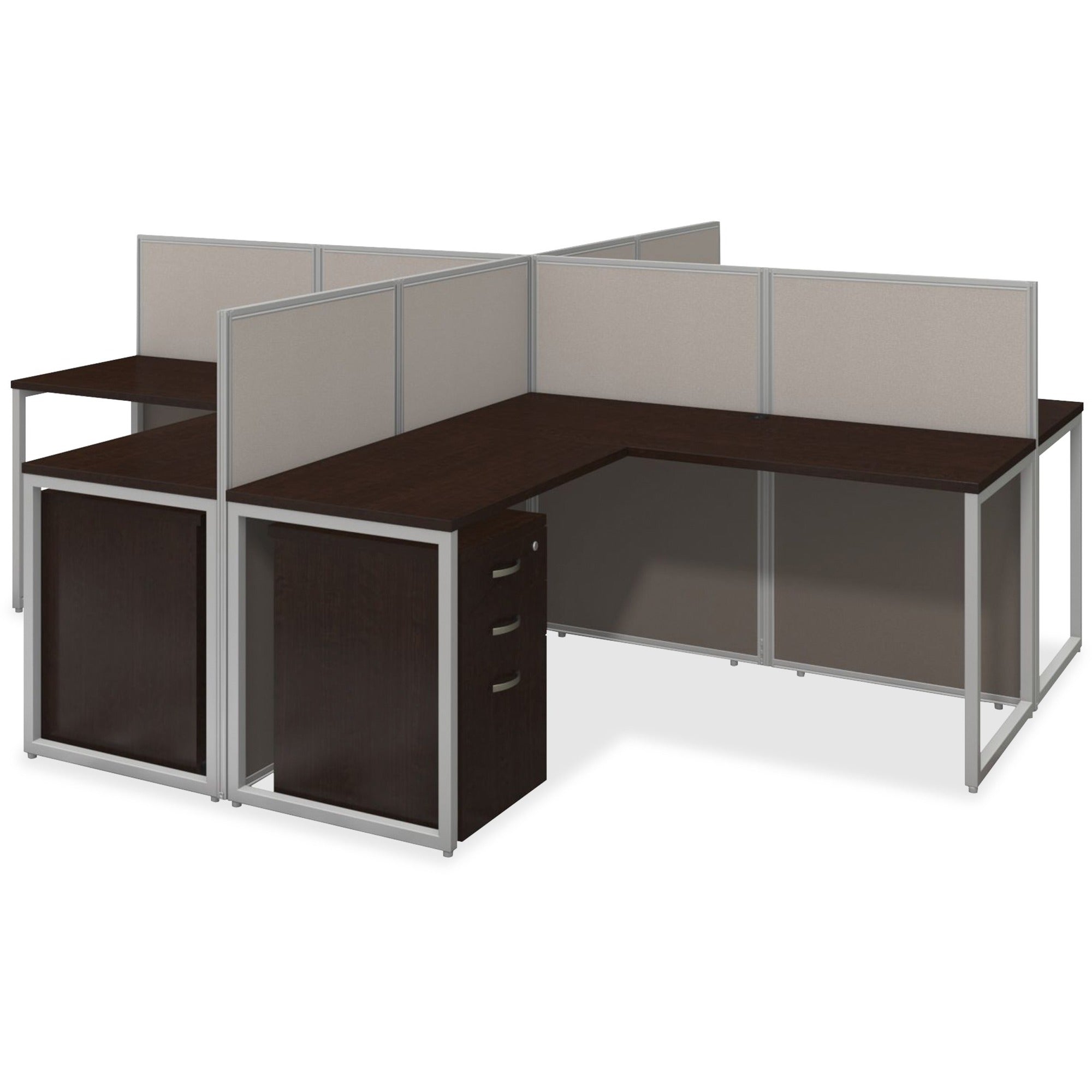Bush Business Furniture Easy Office 60W 4 Person L Desk Open Office w/3-Drawer Pedestlas - For - Table TopMocha Cherry L-shaped Top - 3 Drawers x 119.09" Table Top Width x 119.09" Table Top Depth - 44.88" Height - Assembly Required - Light Gray, Stor - 1