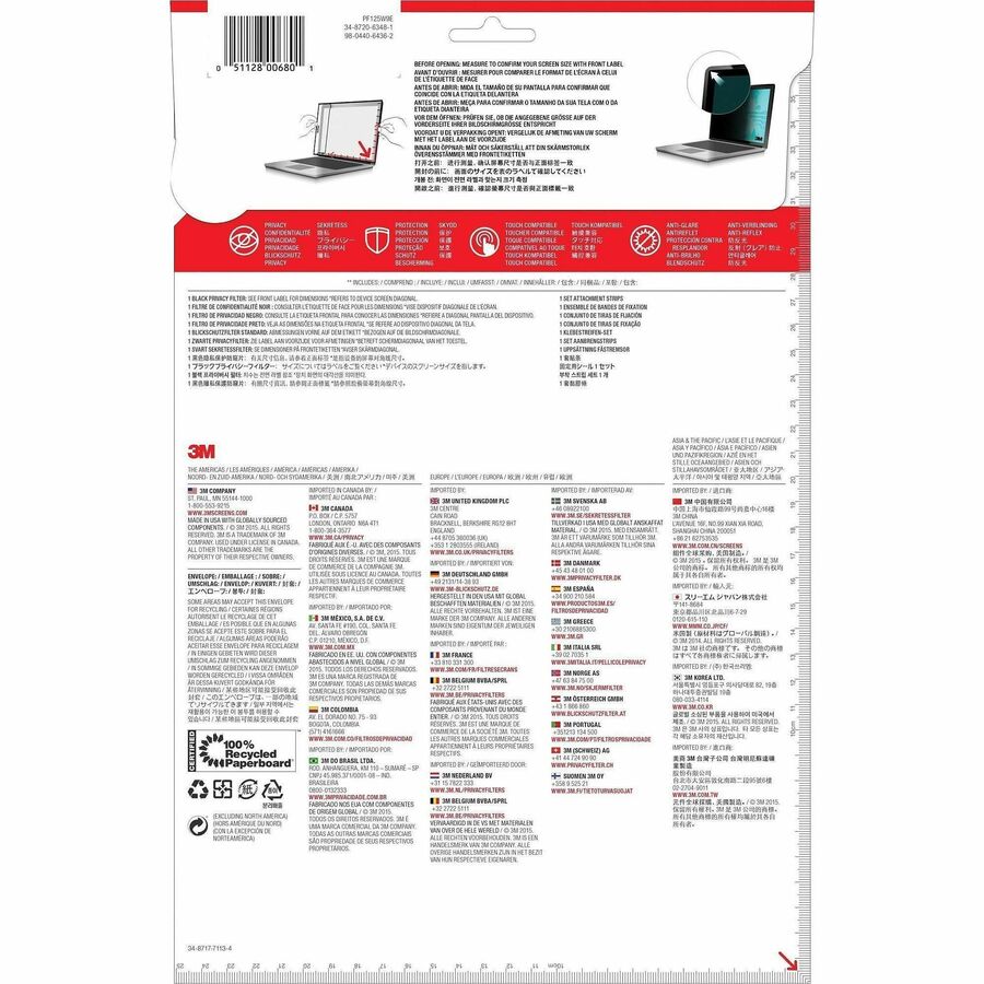3M Touch Privacy Filter for 12.5in Full Screen Laptop, 16:9, PF125W9E - For 12.5" Widescreen LCD 2 in 1 Notebook - 16:9 - Scratch Resistant, Fingerprint Resistant, Dust Resistant - Anti-glare
