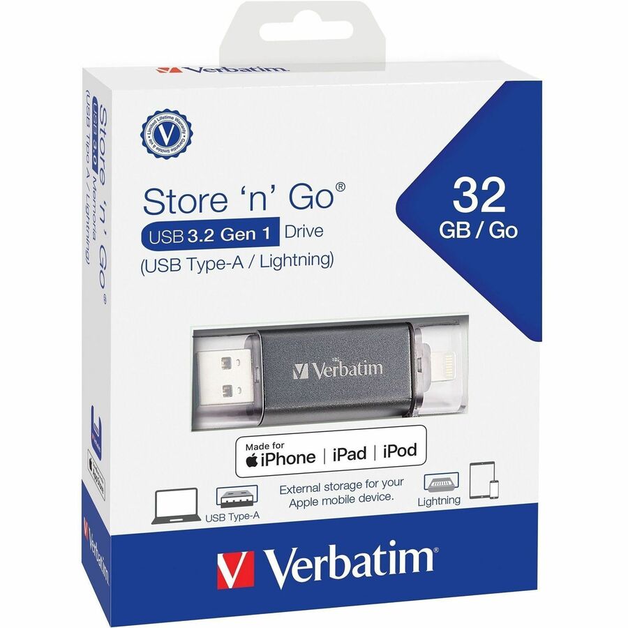 Store 'n' Go Dual USB 3.0 Flash Drive for Apple Lightning Devices, 32 GB, Graphite