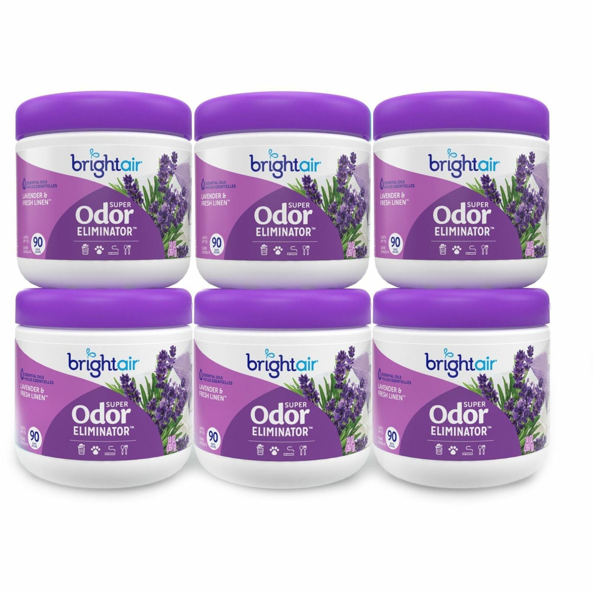Super Odor Eliminator, Lavender and Fresh Linen, Purple, 14 oz Jar, 6/Carton
