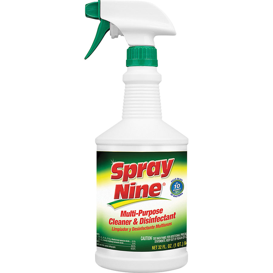 Spray Nine Heavy-Duty Cleaner/Degreaser w/Disinfectant - 32 fl oz (1 quart)Bottle - 12 / Carton - Disinfectant, Water Based, Petroleum Free, Antibacterial - Clear - 4