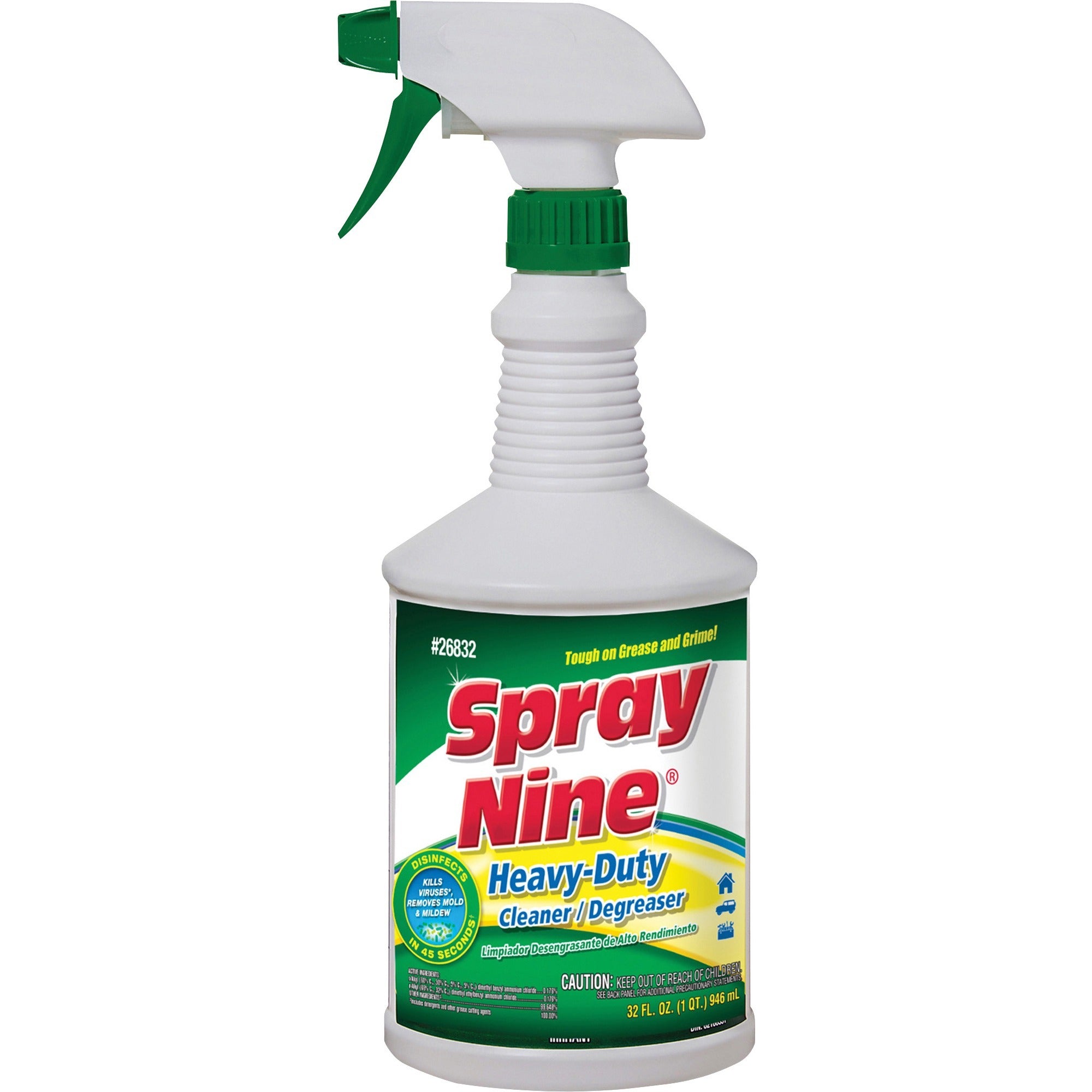 Spray Nine Heavy-Duty Cleaner/Degreaser w/Disinfectant - 32 fl oz (1 quart)Bottle - 12 / Carton - Disinfectant, Water Based, Petroleum Free, Antibacterial - Clear - 2