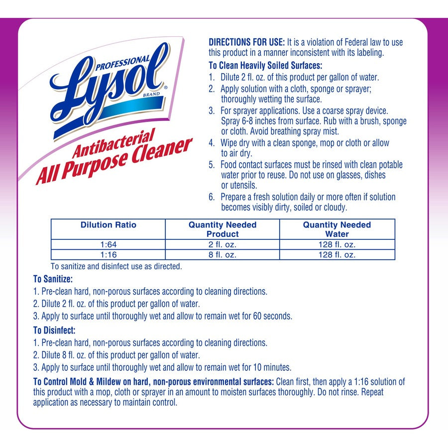 Professional Lysol Antibacterial All Purpose Cleaner - Concentrate - 128 fl oz (4 quart) - 4 / Carton - Heavy Duty, Anti-bacterial, Disinfectant - Clear/Fluorescent Green