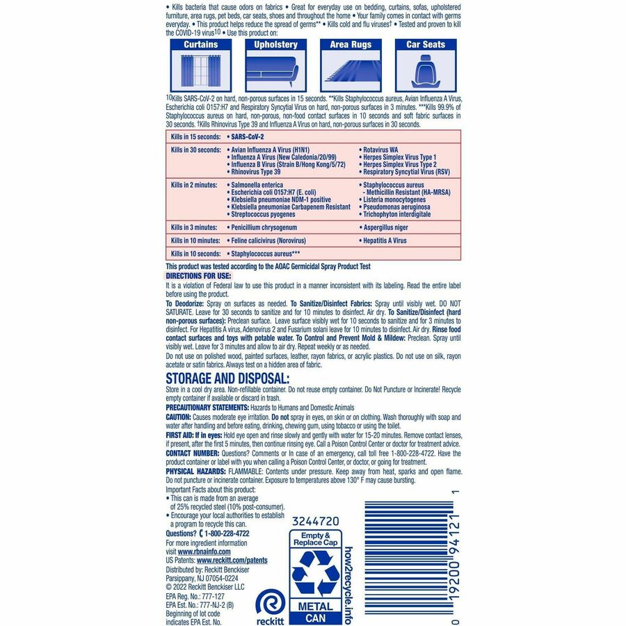 Lysol Fabric Disinfectant Spray - 15 fl oz (0.5 quart) - Lavender Fields Scent - 1 Each - Virucidal, Soft, Deodorize - Clear