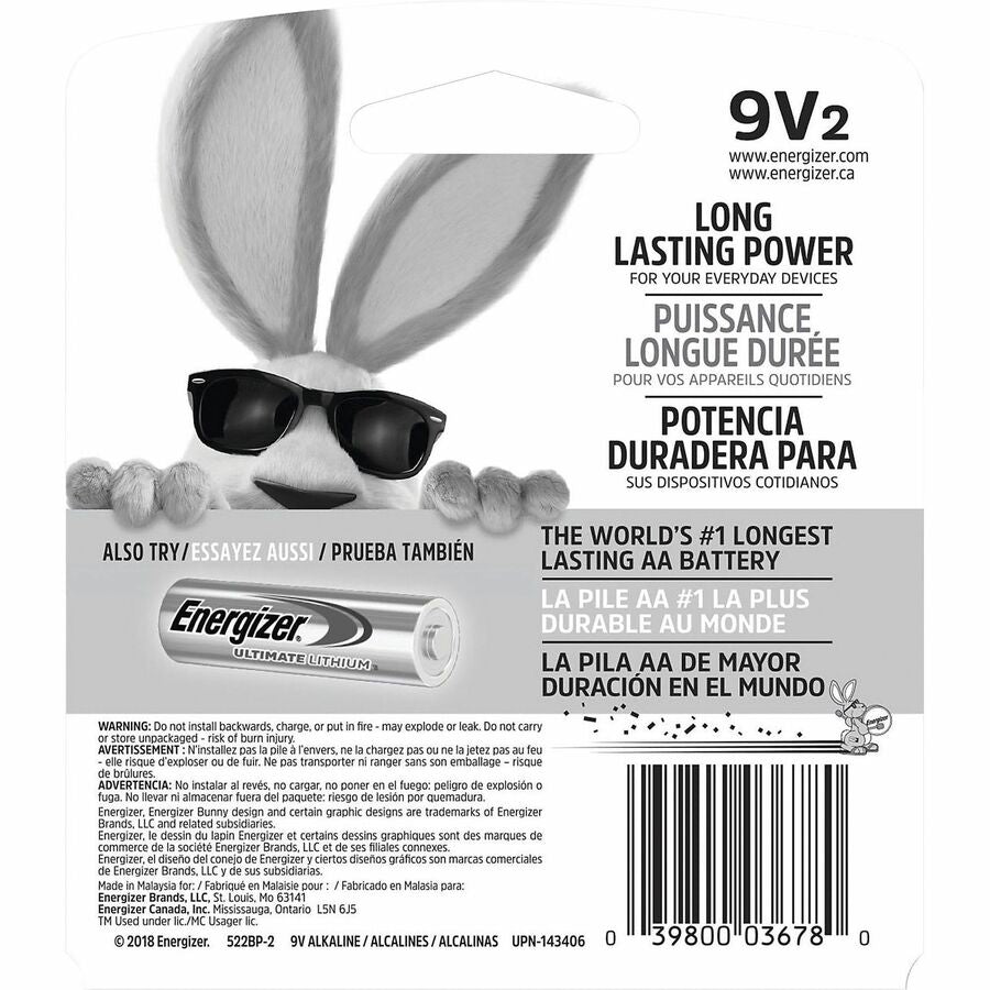 Energizer 9-Volt MAX Alkaline Batteries, 2-Packs - For Multipurpose - 9V - 595 mAh - 9 V DC - 96 / Carton