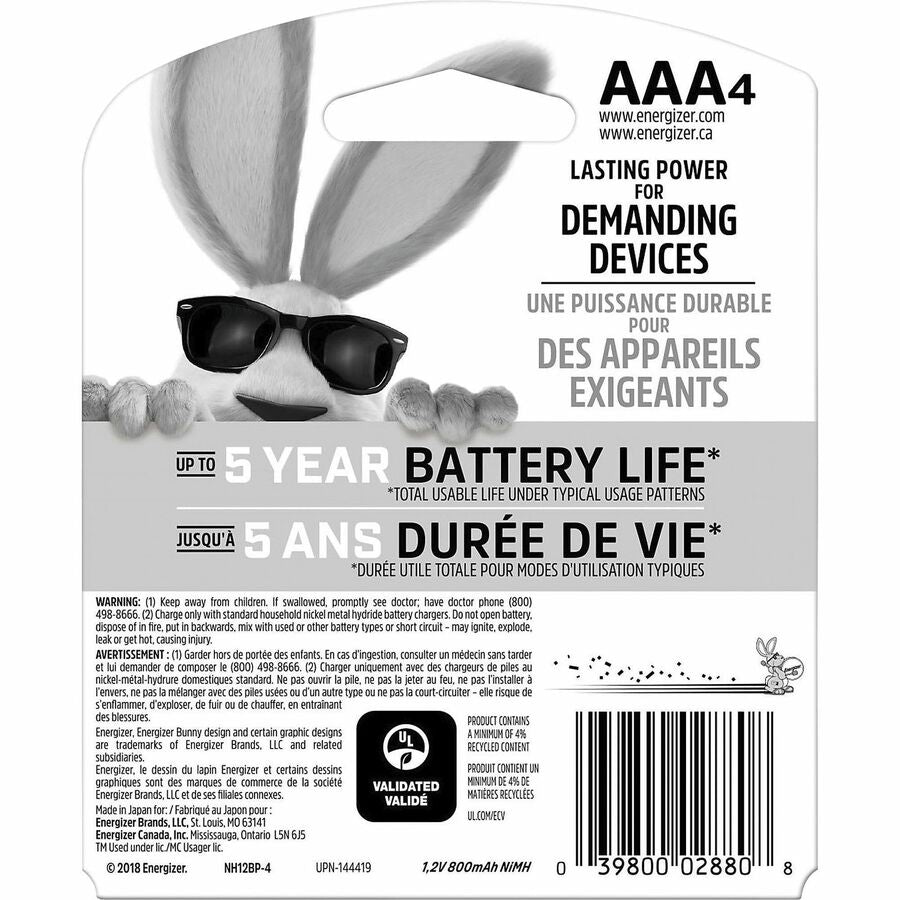 Energizer Recharge Power Plus Rechargeable AAA Battery 4-Packs - For Multipurpose - Battery Rechargeable - AAA - 850 mAh - 96 / Carton