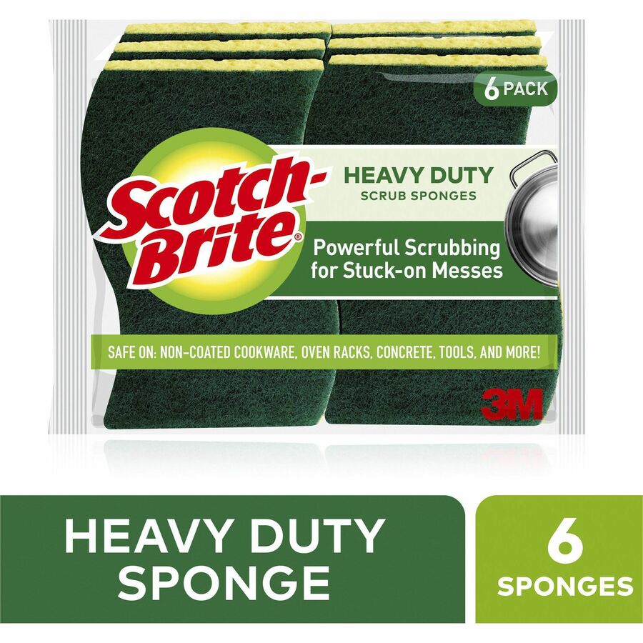 Scotch-Brite Heavy-Duty Scrub Sponges - 2.8" Height x 4.5" Width x 0.6" Depth - 36/Carton - Green, Yellow