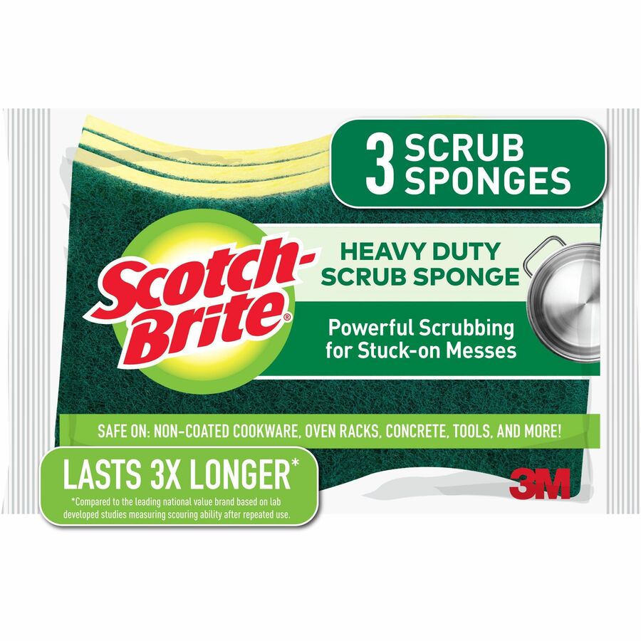 Scotch-Brite Heavy-Duty Scrub Sponges - 2.8" Height x 4.5" Width x 4.5" Length x 590 mil Thickness - 8/Carton - Yellow, Green