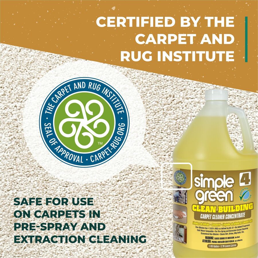 Simple Green Clean Building Carpet Cleaner Concentrate - Concentrate - 128 fl oz (4 quart) - 2 / Carton - Non-toxic, Caustic-free, Organic, Non-flammable, Fragrance-free, Unscented - Sand - 5