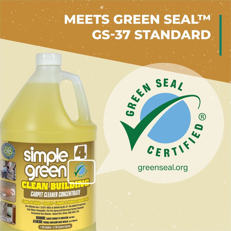 Simple Green Clean Building Carpet Cleaner Concentrate - Concentrate - 128 fl oz (4 quart) - 2 / Carton - Non-toxic, Caustic-free, Organic, Non-flammable, Fragrance-free, Unscented - Sand - 7