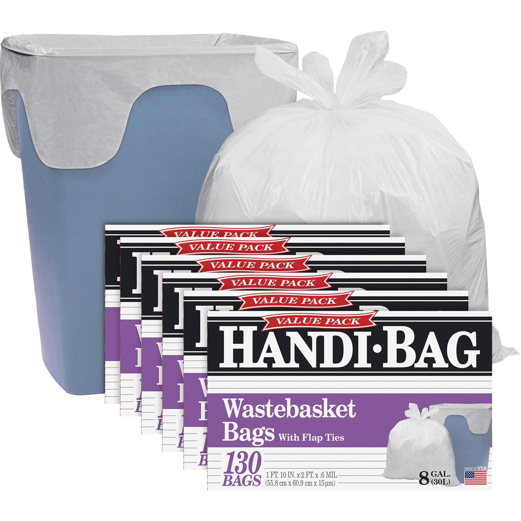 Berry Handi-Bag Wastebasket Bags - Small Size - 8 gal Capacity - 21.50" Width x 24" Length - 0.60 mil (15 Micron) Thickness - White - Hexene Resin - 6/Carton - 130 Per Box - Home, Office