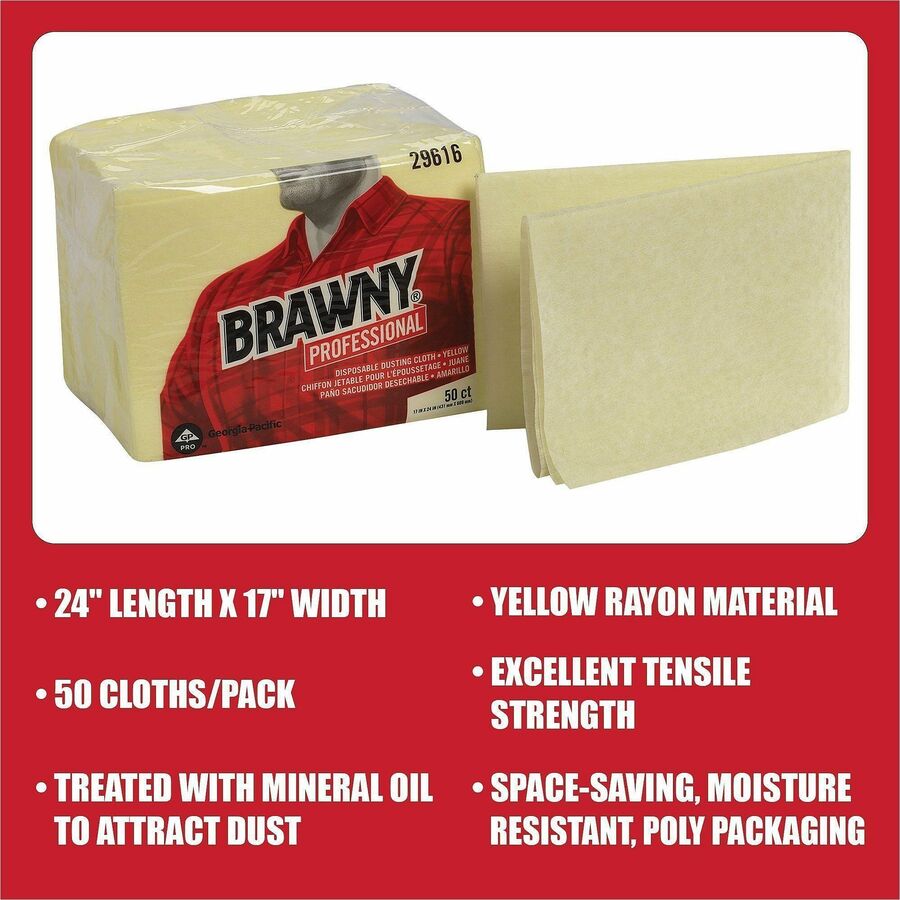 Brawny Professional Disposable Dusting Cloths - 24" Length x 17" Width - 50 / Pack - 4 / Carton - Moisture Resistant, Soft, Strong - Yellow
