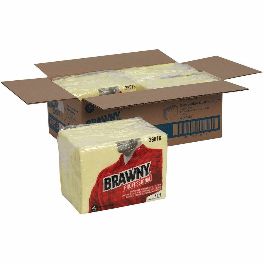Brawny Professional Disposable Dusting Cloths - 24" Length x 17" Width - 50 / Pack - 4 / Carton - Moisture Resistant, Soft, Strong - Yellow