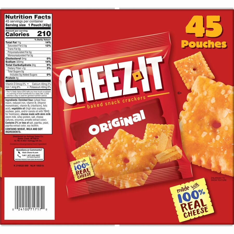 Cheez-It Original Crackers - Low Fat - Cheese - Bag - 1 Serving Pouch - 1.50 oz - 45 / Carton
