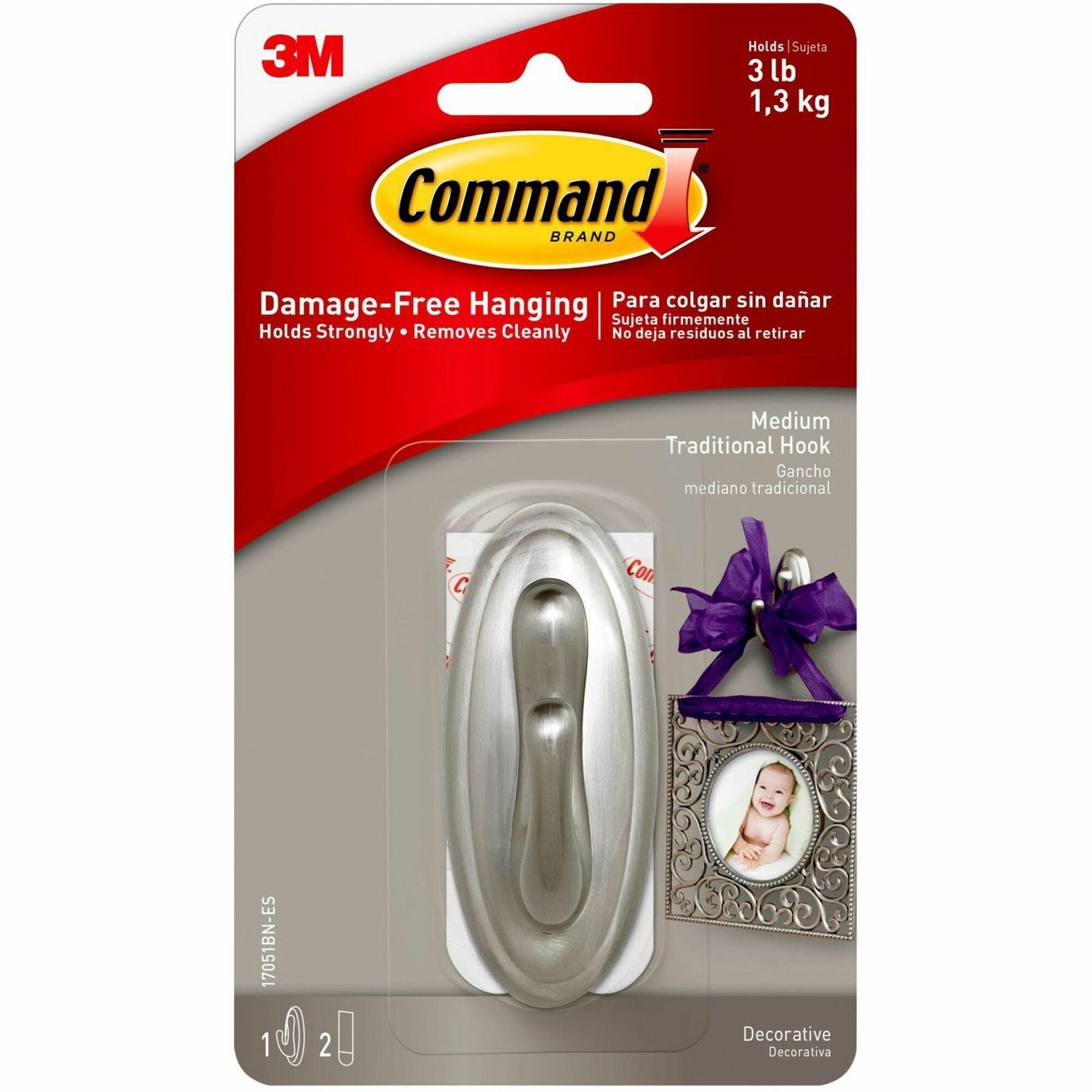 Decorative Hooks, Traditional, Medium, Plastic, Brushed Nickel, 3 lb Capacity, 1 Hook and 2 Strips/Pack
