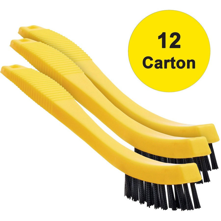 Rubbermaid Commercial Tile/Grout Brush - 0.80" Plastic Bristle - 8.5" Overall Length - 12 / Carton - Black, Yellow