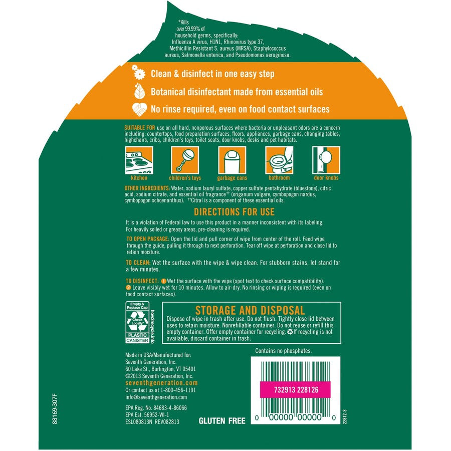 Seventh Generation Disinfecting Cleaner - Lemongrass Citrus Scent - 8" Length x 7" Width - 35 / Canister - 12 / Carton - Deodorize