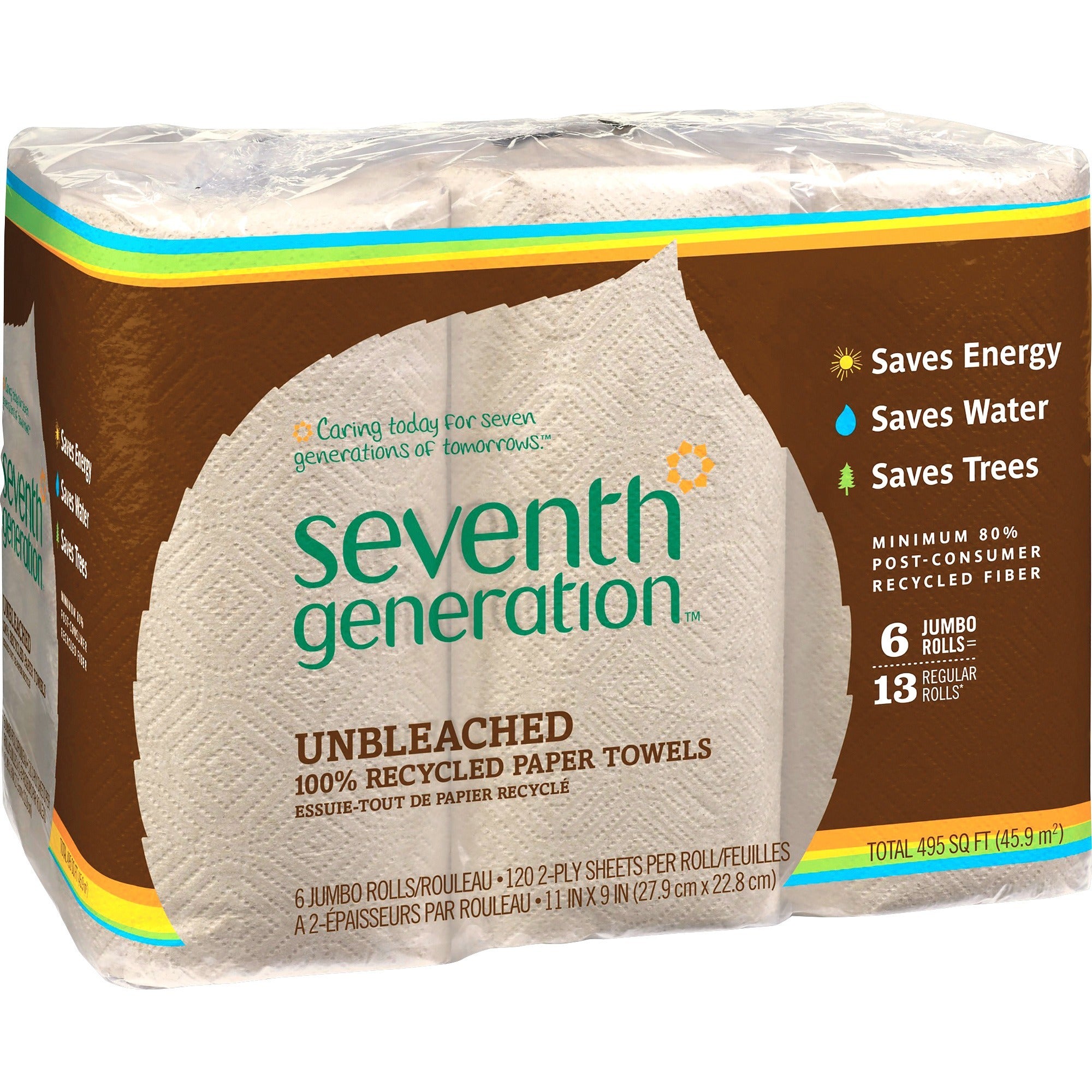 Seventh Generation 100% Recycled Paper Towels - 2 Ply - 11" x 9" - 120 Sheets/Roll - Natural - Paper - Unbleached, Chlorine-free, Fragrance-free, Dye-free, Ink-free, Absorbent - For Kitchen, Household - 6 Per Pack - 4 / Carton - 