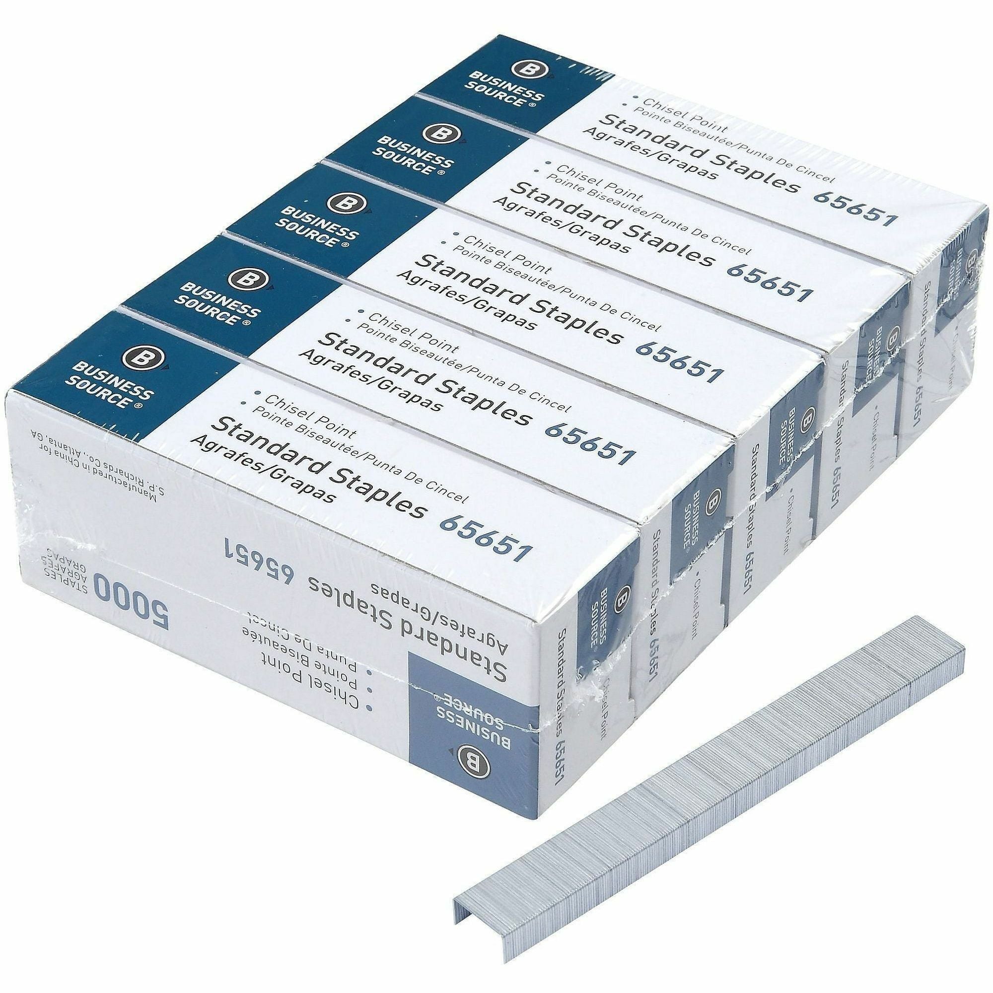 Business Source Chisel Point Standard Staples - 210 Per Strip - Standard - 1/4" Leg - 1/2" Crown - Holds 30 Sheet(s) - for Paper - Chisel Point - Silver - Galvanized Iron5 / Pack