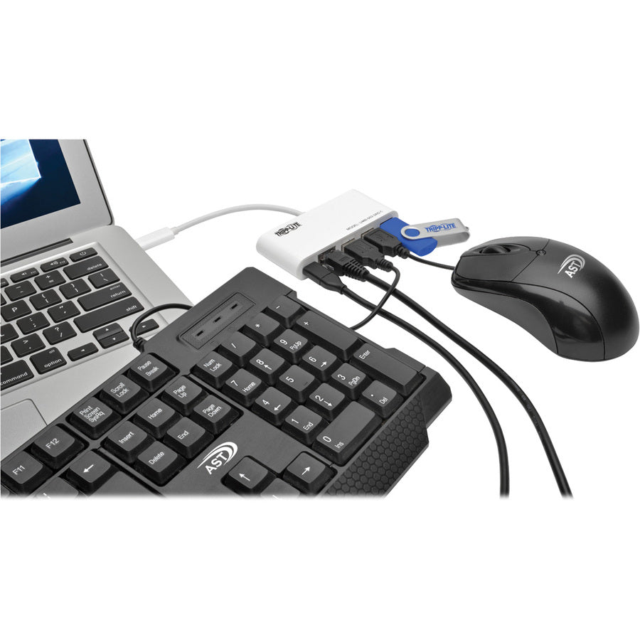 Tripp Lite by Eaton 3-Port USB 3.2 Gen 1 Hub with LAN Port and Power Delivery USB-C to 3x USB-A Ports and Gigabit Ethernet White - USB 3.1 Type C - External - 4 USB Port(s) - 1 Network (RJ-45) Port(s) - 3 USB 3.0 Port(s) - PC, Chrome OS, Mac - 2