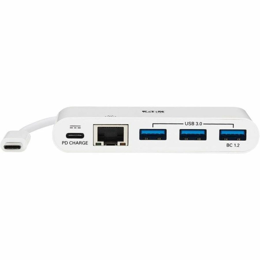 Tripp Lite by Eaton 3-Port USB 3.2 Gen 1 Hub with LAN Port and Power Delivery USB-C to 3x USB-A Ports and Gigabit Ethernet White - USB 3.1 Type C - External - 4 USB Port(s) - 1 Network (RJ-45) Port(s) - 3 USB 3.0 Port(s) - PC, Chrome OS, Mac